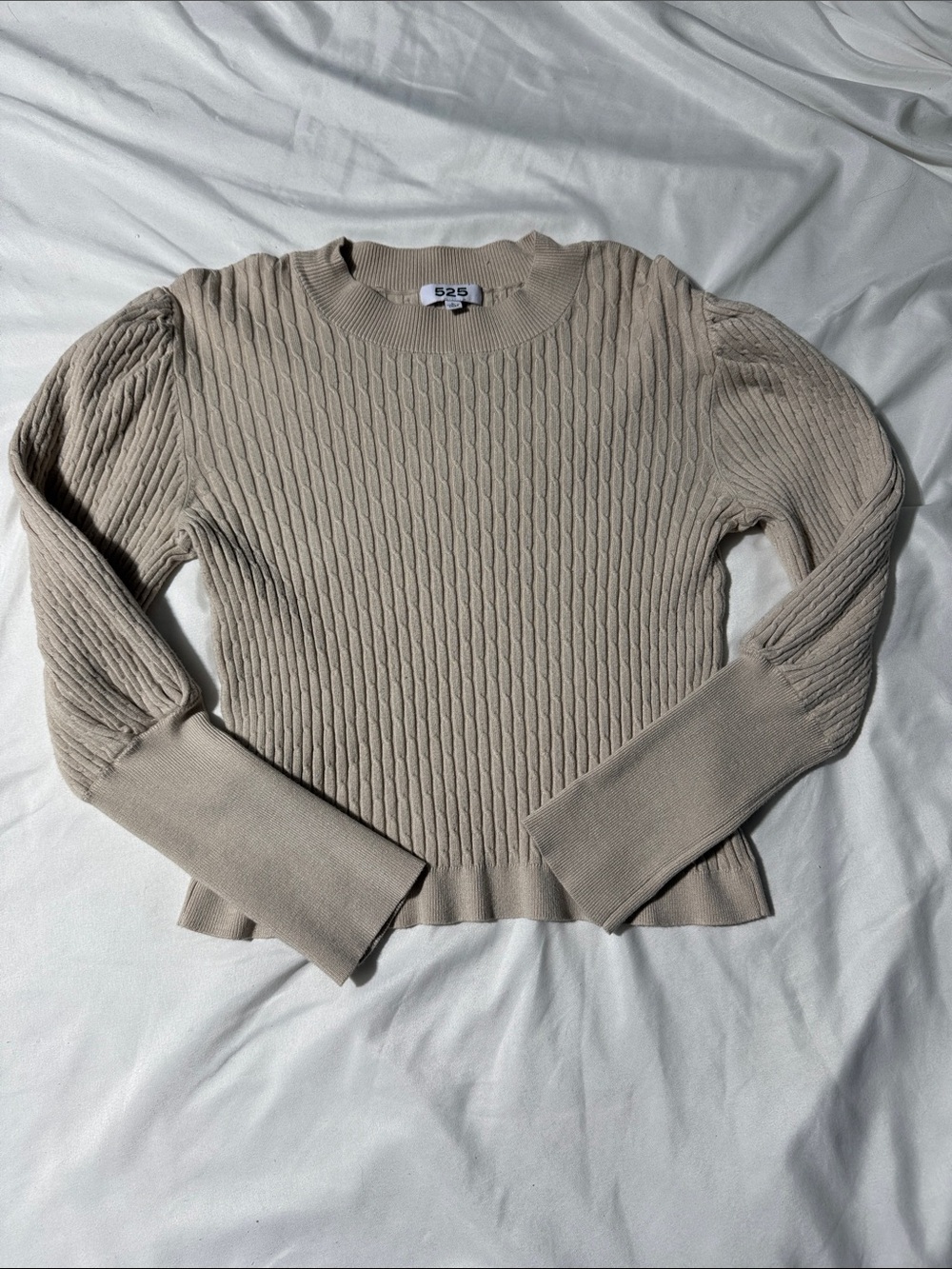 525 Cable Knit Ribbed Sweater Oatmeal Beige Large Preppy Classic Puff Sleeve